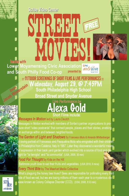 Flier for South Philly Food Co-op movie night with Scribe and LoMo Civic